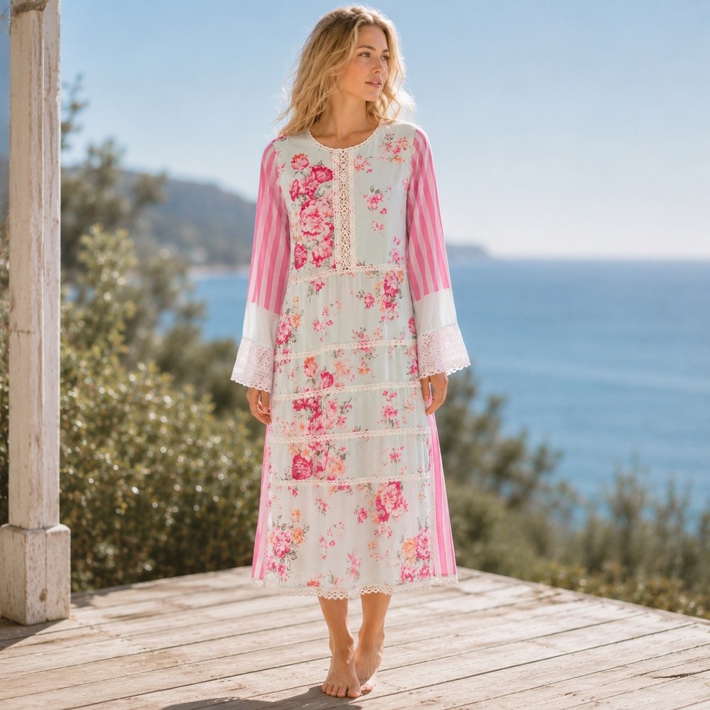 EUC Tunic Midi Dress Pink Floral Stripe Crochet Lace Romantic Boho Cottagecore M